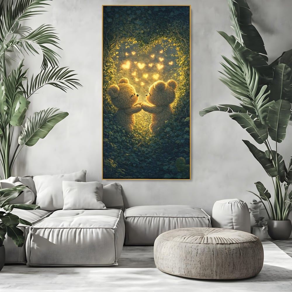 Tablou canvas cu doi ursuleti pufosi in padure, in rama de aluminiu auriu, pe perete intr-un living