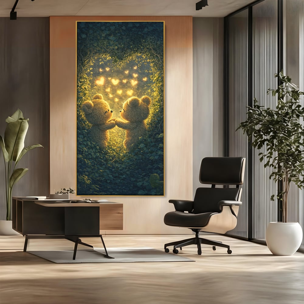 Tablou canvas cu doi ursuleti pufosi in padure, in rama de aluminiu auriu, pe perete intr-un birou