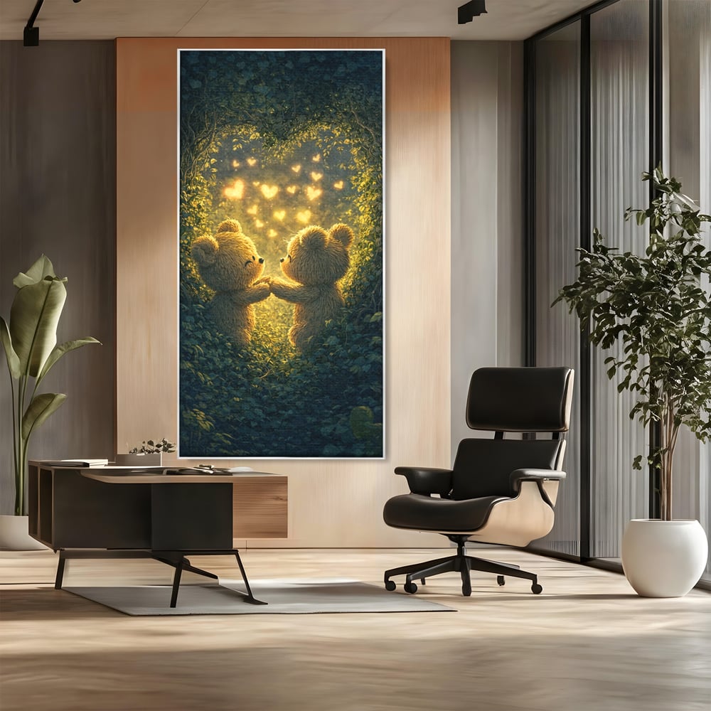 Tablou canvas cu doi ursuleti pufosi in padure, in rama de aluminiu argintiu, pe perete intr-un birou
