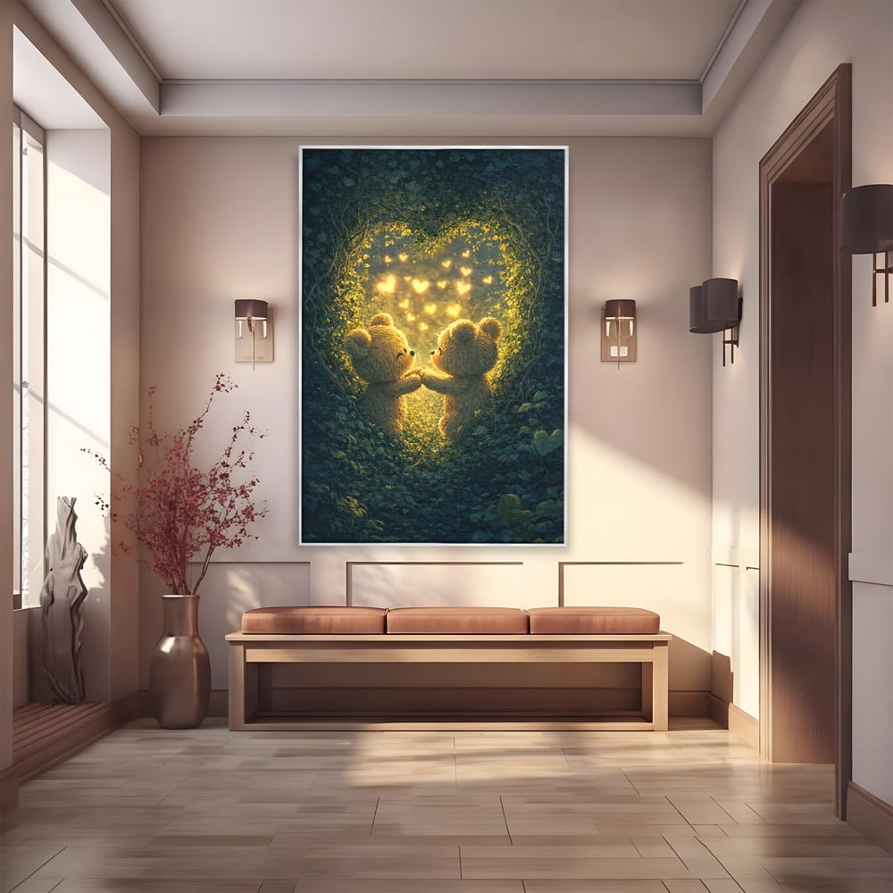 Tablou canvas cu doi ursuleti pufosi in padure, in rama de aluminiu argintiu