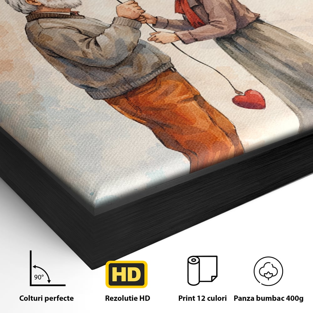 Detaliu al suprafetei: tablou canvas cuplu in varsta si inima, in rama de aluminiu negru