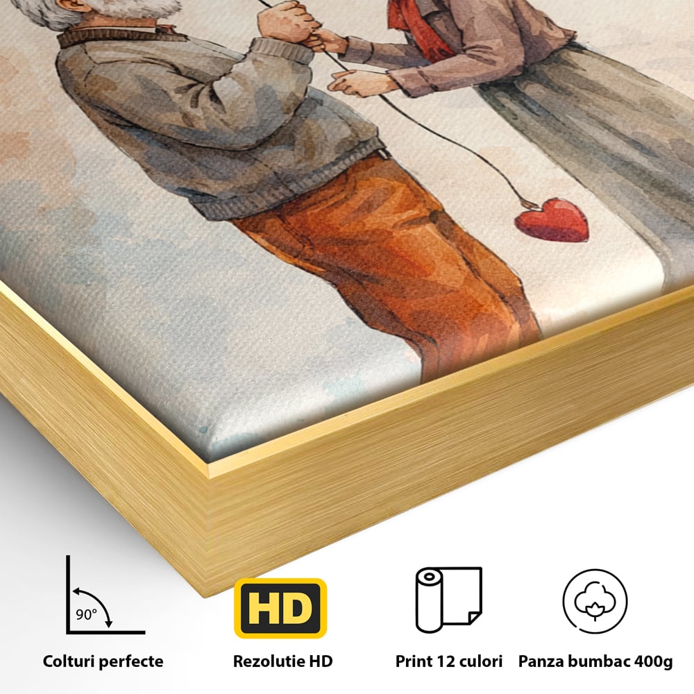 Detaliu al suprafetei: tablou canvas cuplu in varsta si inima, in rama de aluminiu auriu