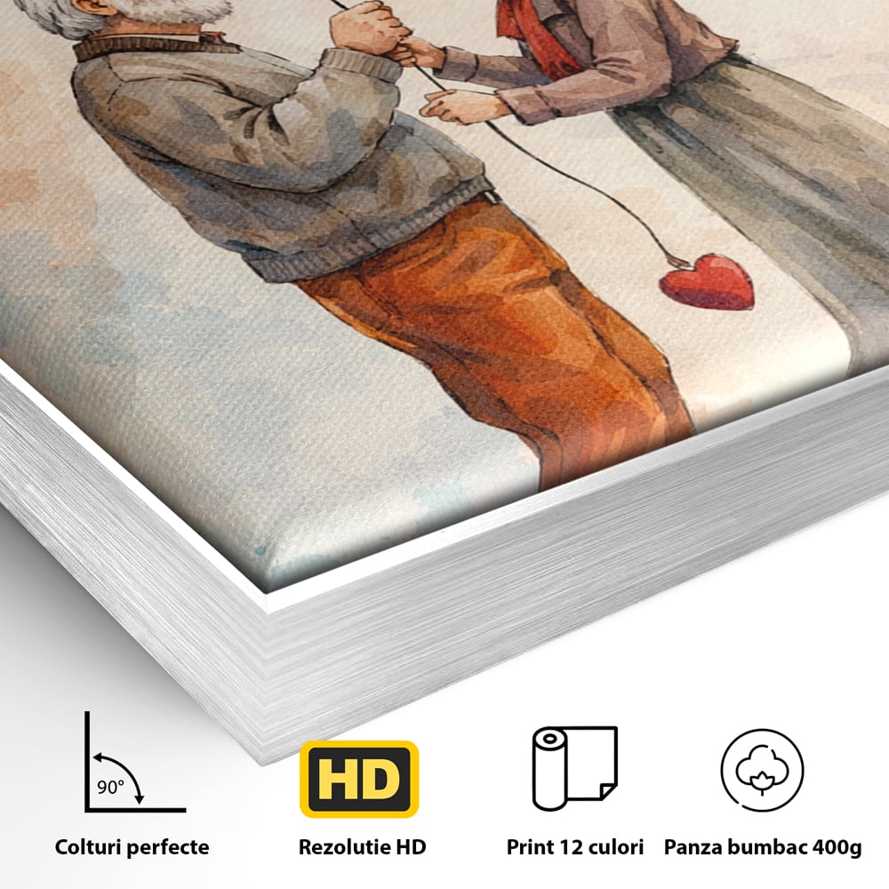 Detaliu al suprafetei: tablou canvas cuplu in varsta si inima, in rama de aluminiu argintiu