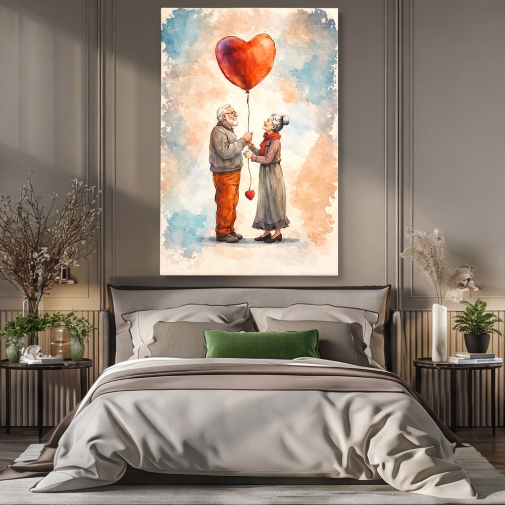 Tablou canvas cu tablou canvas cuplu in varsta si inima, fara rama, pe sasiu de lemn, pe perete intr-un dormitor