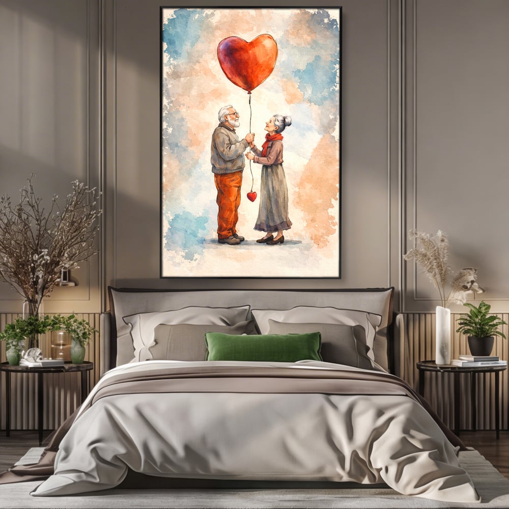 Tablou canvas cu tablou canvas cuplu in varsta si inima, in rama de aluminiu negru, pe perete intr-un dormitor