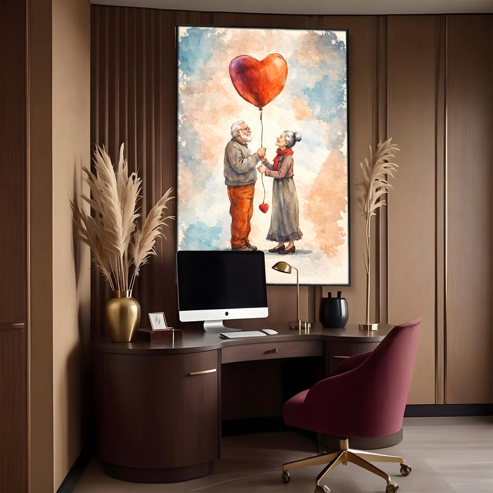 Tablou canvas cu tablou canvas cuplu in varsta si inima, in rama de aluminiu negru, pe perete intr-un birou
