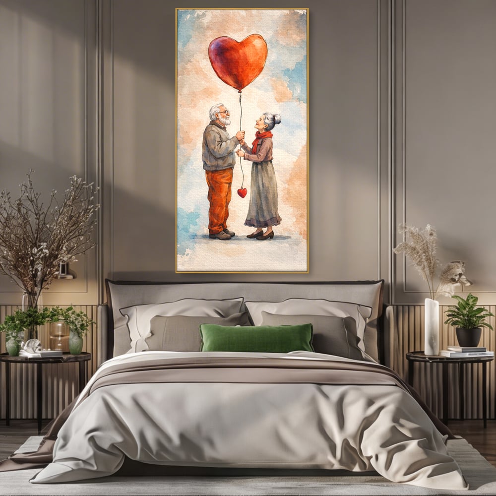 Tablou canvas cu tablou canvas cuplu in varsta si inima, in rama de aluminiu auriu, pe perete intr-un dormitor