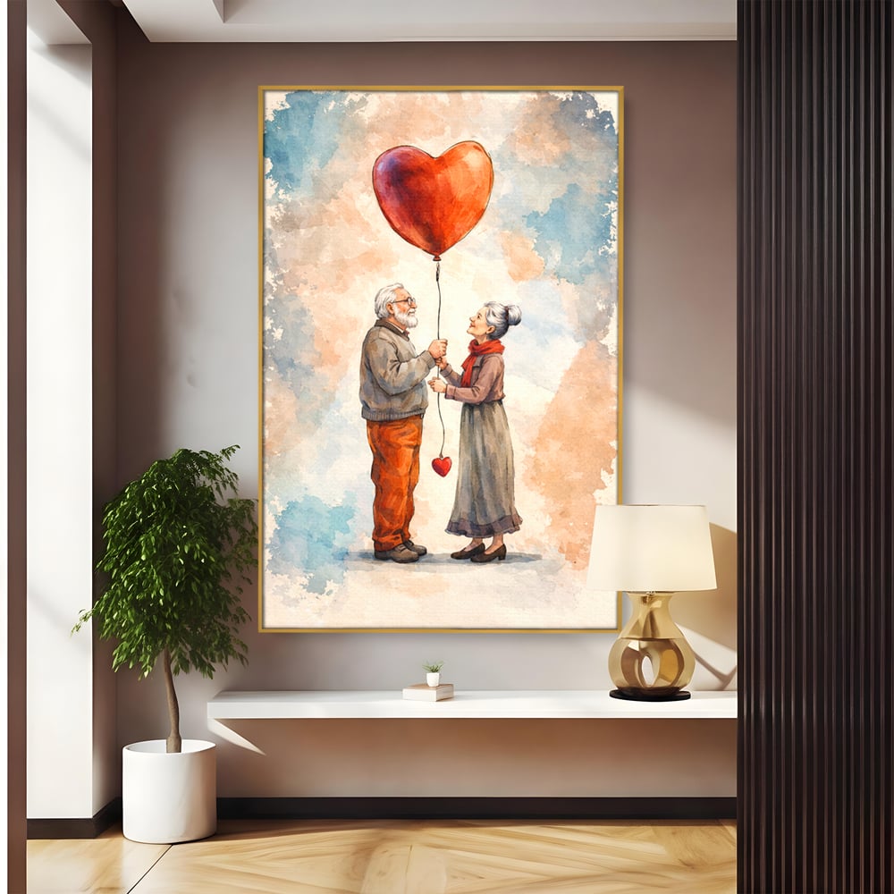 Tablou canvas cu tablou canvas cuplu in varsta si inima, in rama de aluminiu auriu