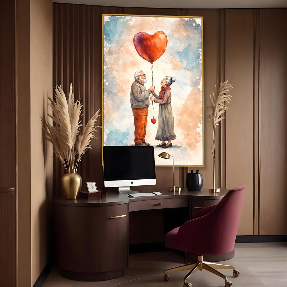Tablou canvas cu tablou canvas cuplu in varsta si inima, in rama de aluminiu auriu, pe perete intr-un birou