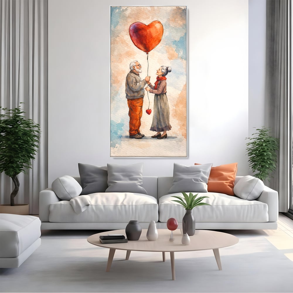 Tablou canvas cu tablou canvas cuplu in varsta si inima, in rama de aluminiu argintiu, pe perete intr-un living