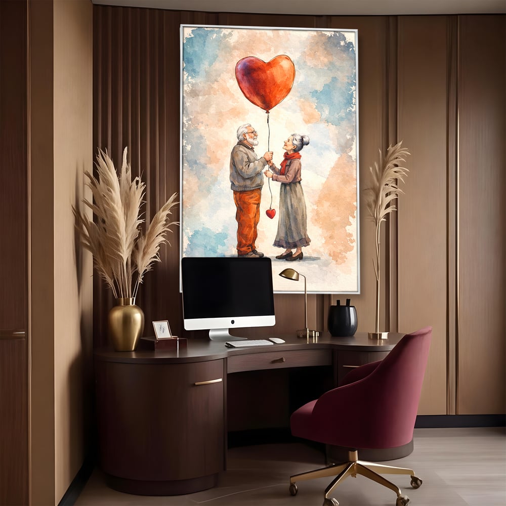 Tablou canvas cu tablou canvas cuplu in varsta si inima, in rama de aluminiu argintiu, pe perete intr-un birou