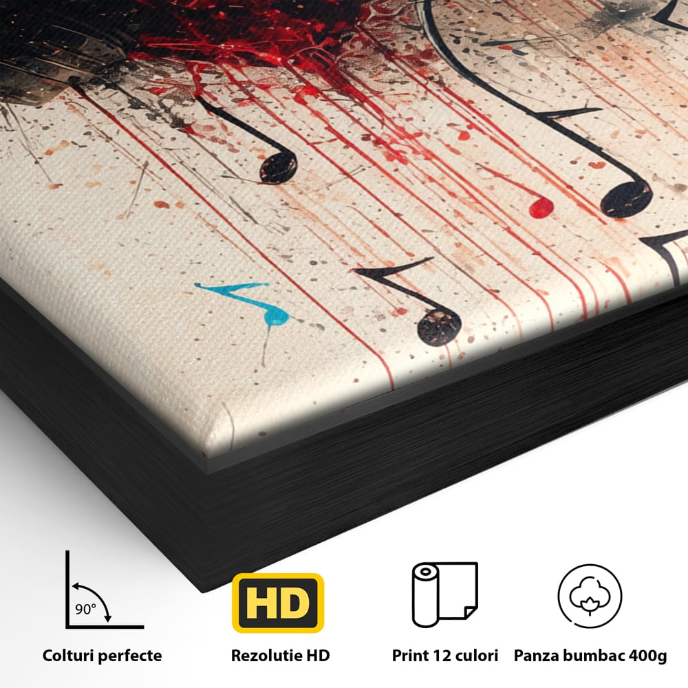 Detaliu al suprafetei: tablou canvas cu inima rosie si casti audio, in rama de aluminiu negru