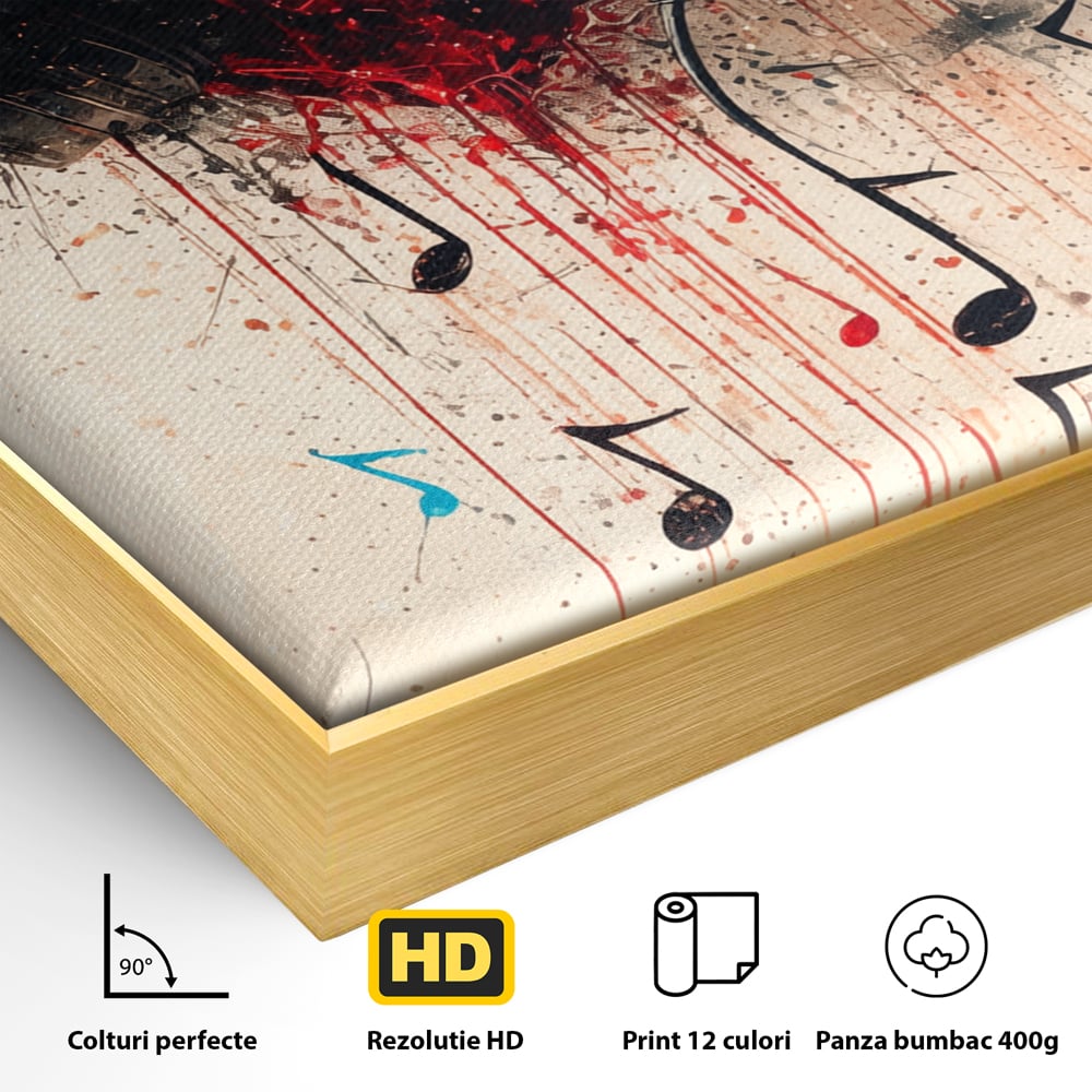 Detaliu al suprafetei: tablou canvas cu inima rosie si casti audio, in rama de aluminiu auriu