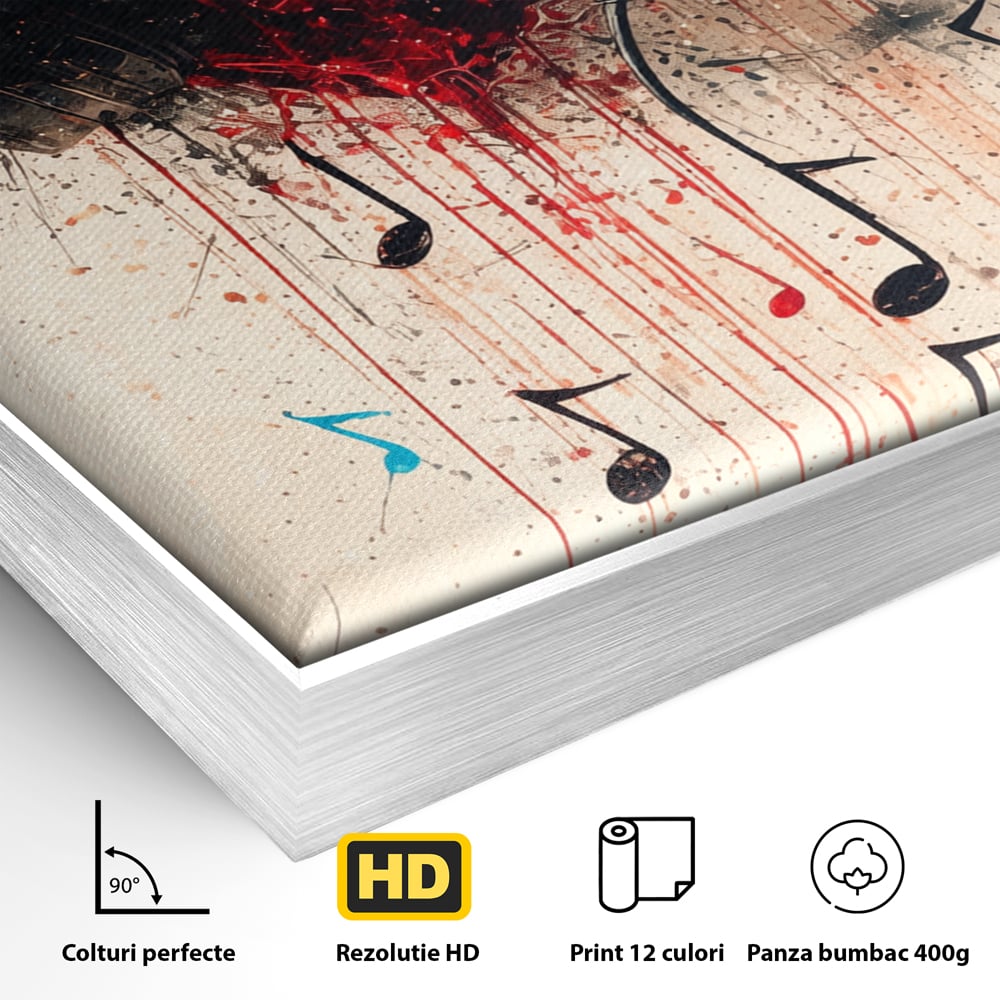 Detaliu al suprafetei: tablou canvas cu inima rosie si casti audio, in rama de aluminiu argintiu