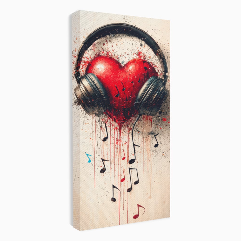 Tablou canvas cu tablou canvas cu inima rosie si casti audio, fara rama, pe sasiu de lemn