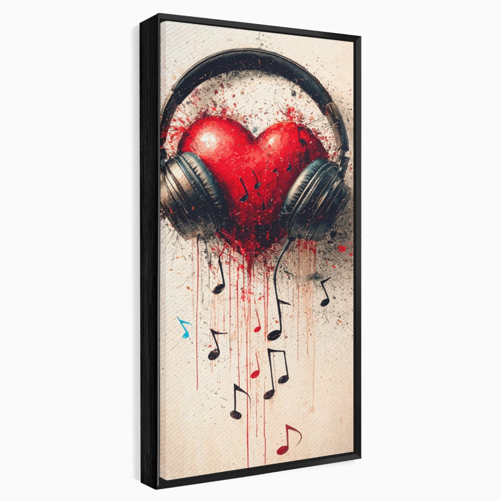 Tablou canvas cu tablou canvas cu inima rosie si casti audio, in rama de aluminiu negru