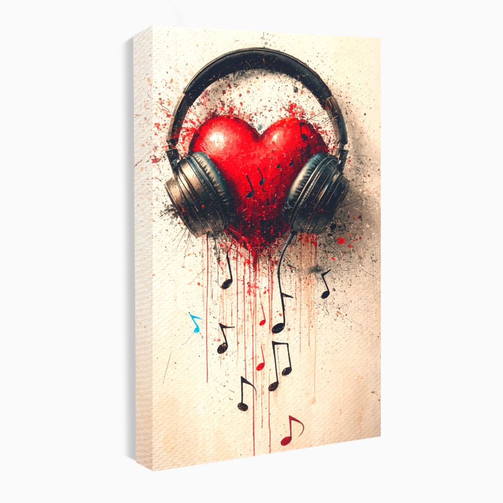 Tablou canvas cu tablou canvas cu inima rosie si casti audio, fara rama, pe sasiu de lemn