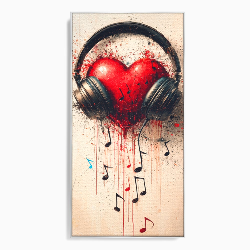 Tablou canvas cu tablou canvas cu inima rosie si casti audio, in rama de aluminiu argintiu
