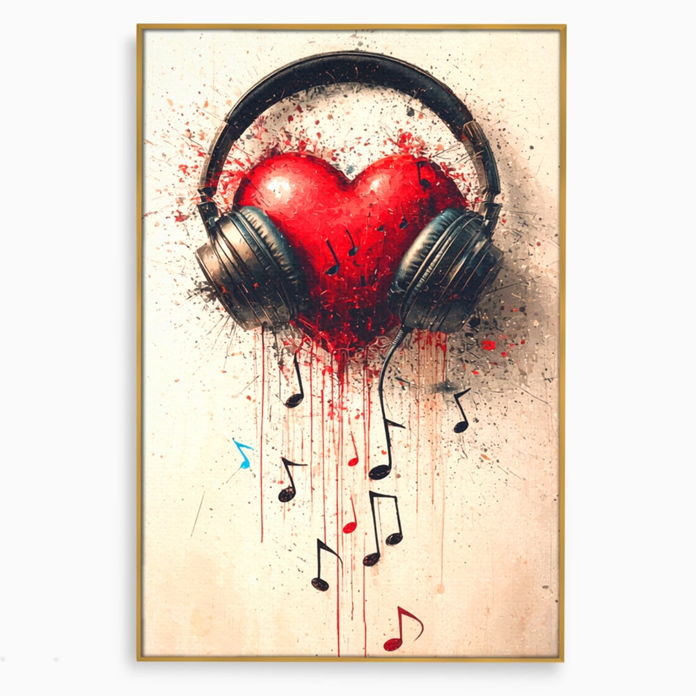 Tablou canvas cu tablou canvas cu inima rosie si casti audio, in rama de aluminiu auriu