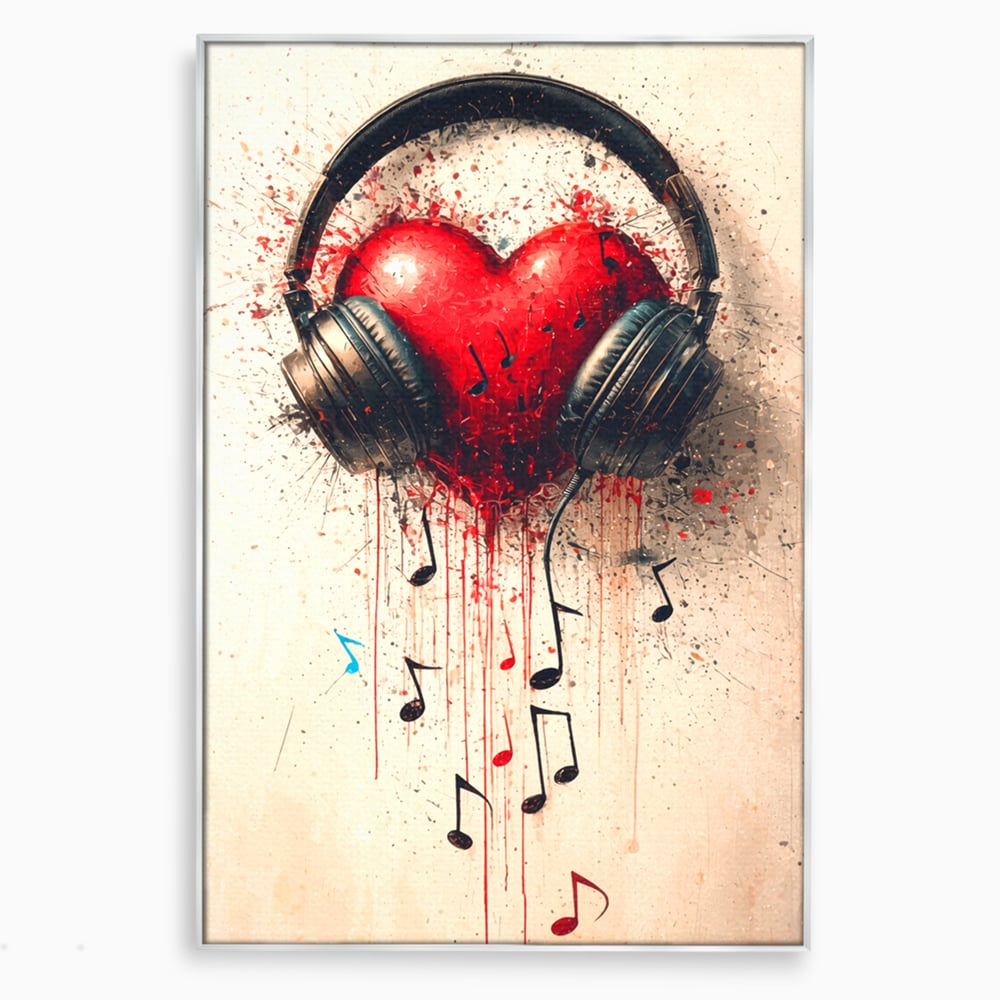 Tablou canvas cu tablou canvas cu inima rosie si casti audio, in rama de aluminiu argintiu
