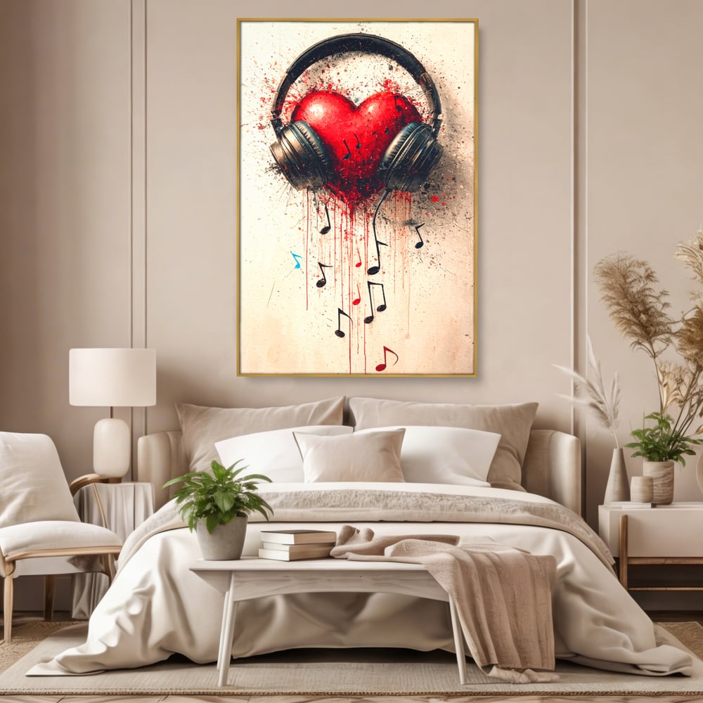 Tablou canvas cu tablou canvas cu inima rosie si casti audio, in rama de aluminiu auriu, pe perete intr-un dormitor