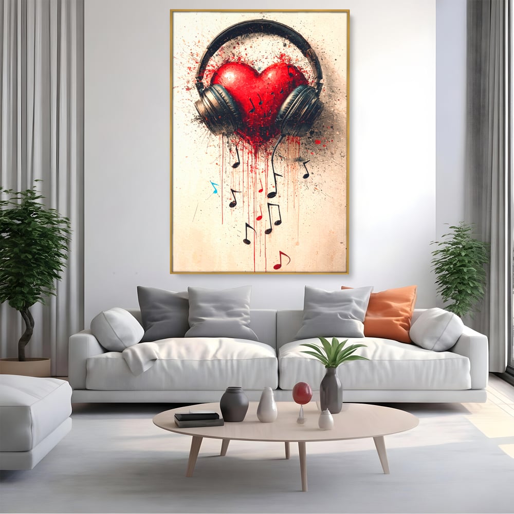 Tablou canvas cu tablou canvas cu inima rosie si casti audio, in rama de aluminiu auriu, pe perete intr-un living