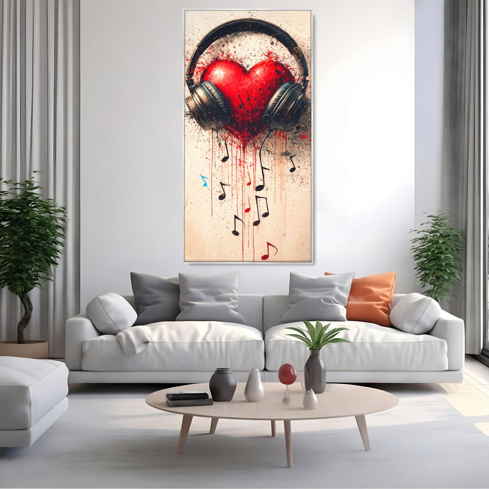 Tablou canvas cu tablou canvas cu inima rosie si casti audio, in rama de aluminiu argintiu, pe perete intr-un living