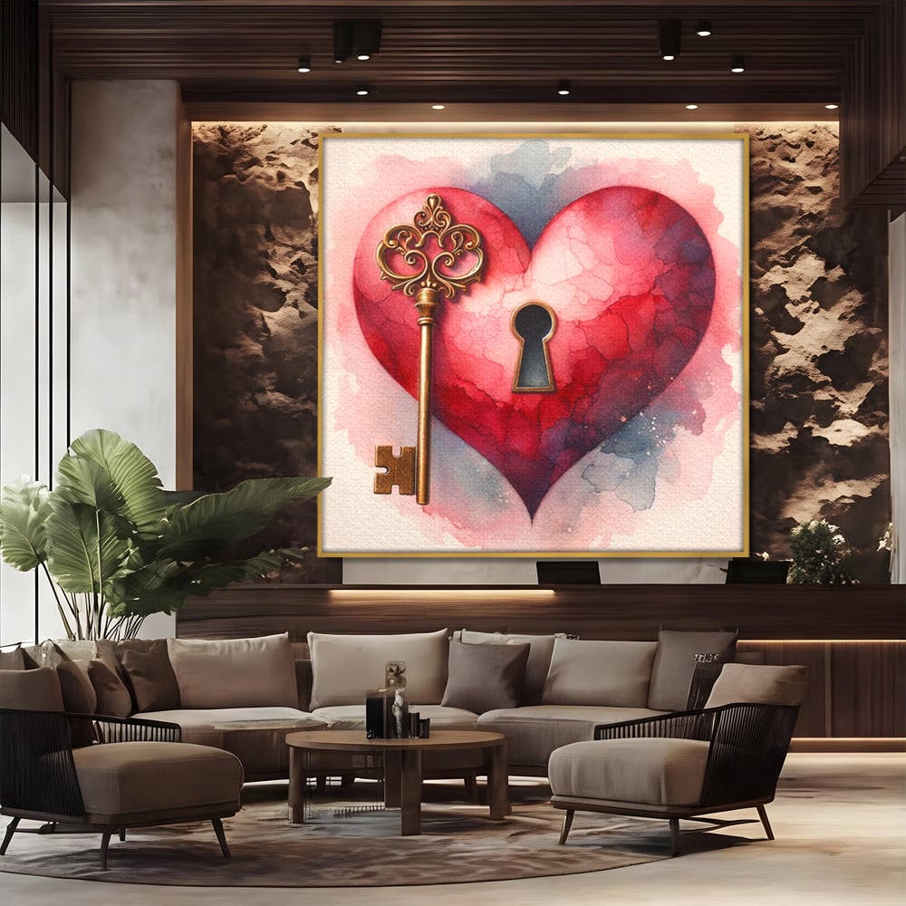 Tablou canvas cu tablou inima cu lacat si cheie, in rama de aluminiu auriu, pe perete intr-un birou