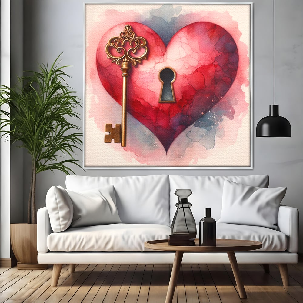 Tablou canvas cu tablou inima cu lacat si cheie, in rama de aluminiu argintiu, pe perete intr-un living