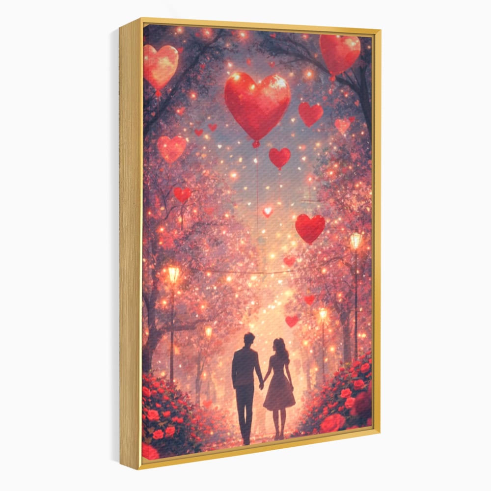 Tablou canvas cu ilustratie cu un cuplu pe alee, in rama de aluminiu auriu