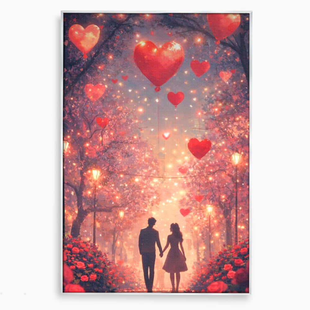 Tablou canvas cu ilustratie cu un cuplu pe alee, in rama de aluminiu argintiu