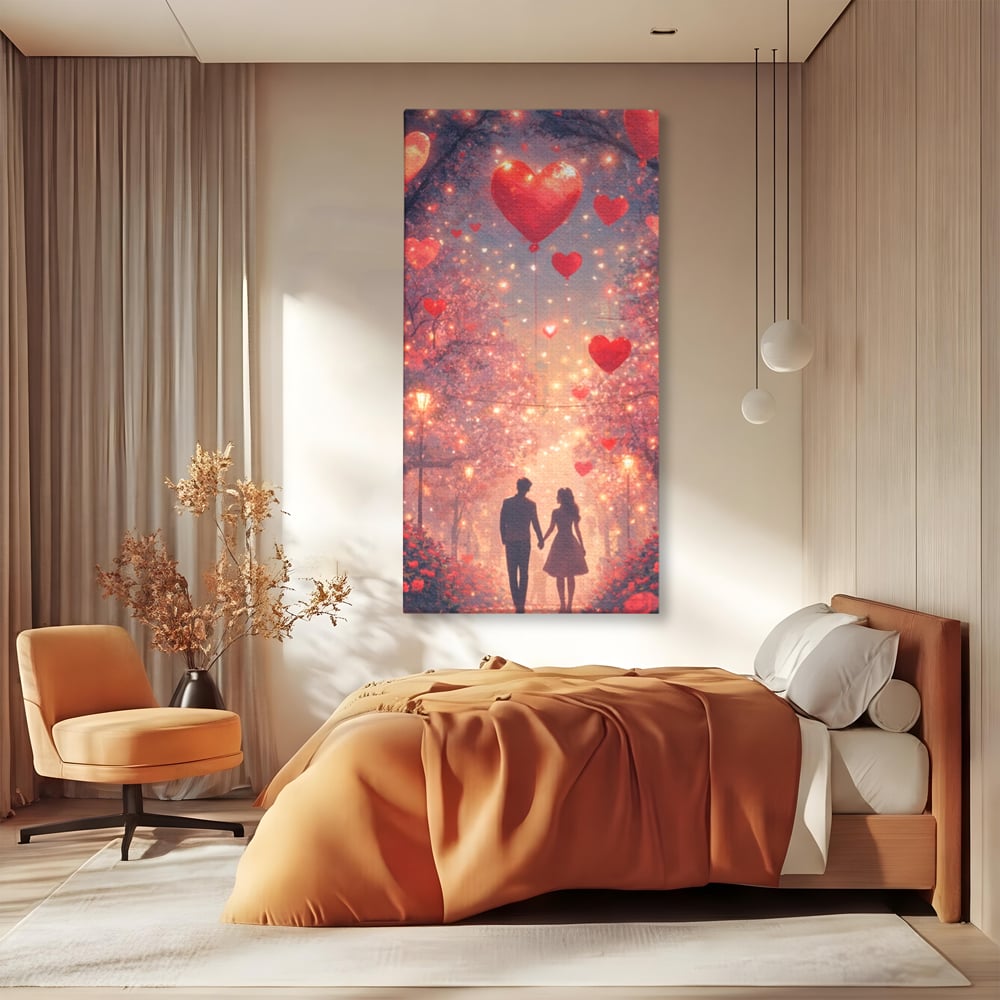 Tablou canvas cu ilustratie cu un cuplu pe alee, fara rama, pe sasiu de lemn, pe perete intr-un dormitor