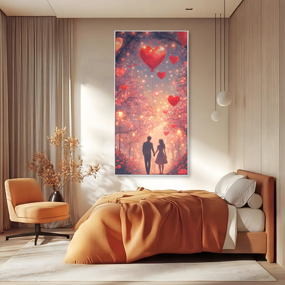 Tablou canvas cu ilustratie cu un cuplu pe alee, in rama de aluminiu argintiu, pe perete intr-un dormitor