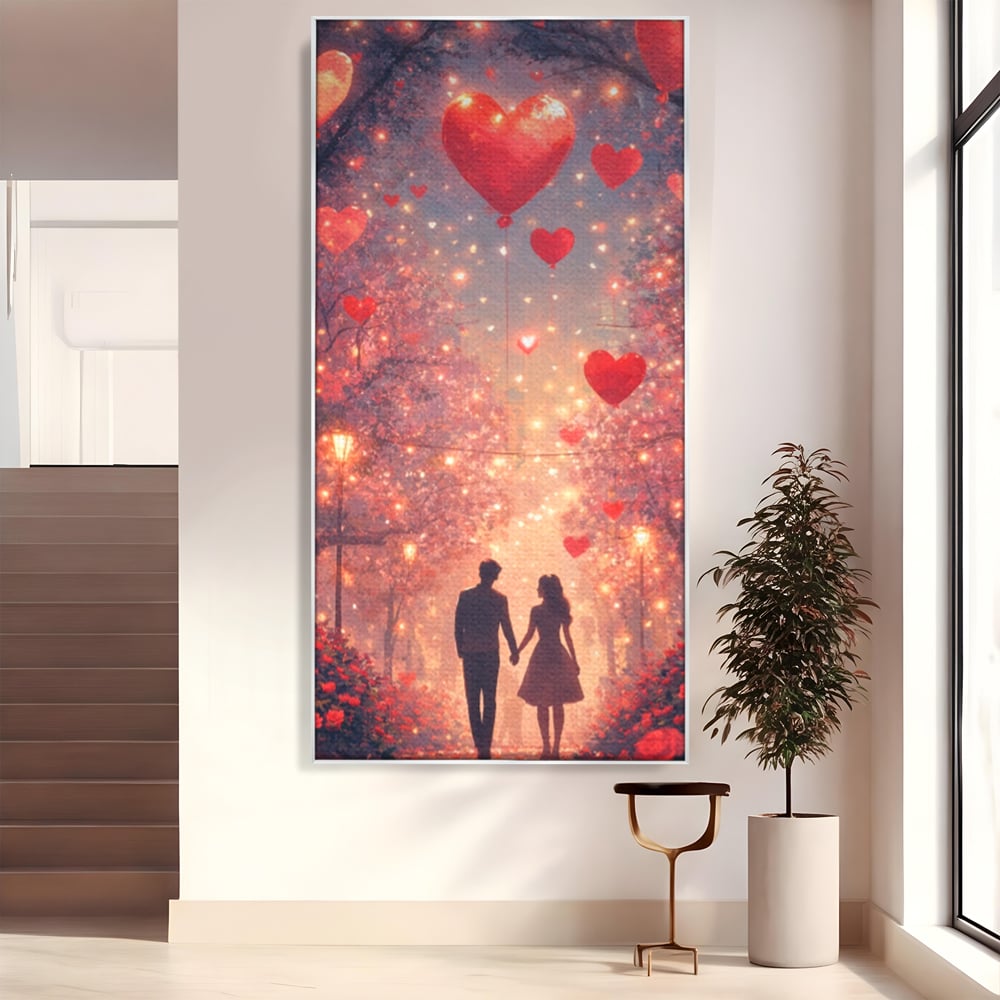 Tablou canvas cu ilustratie cu un cuplu pe alee, in rama de aluminiu argintiu