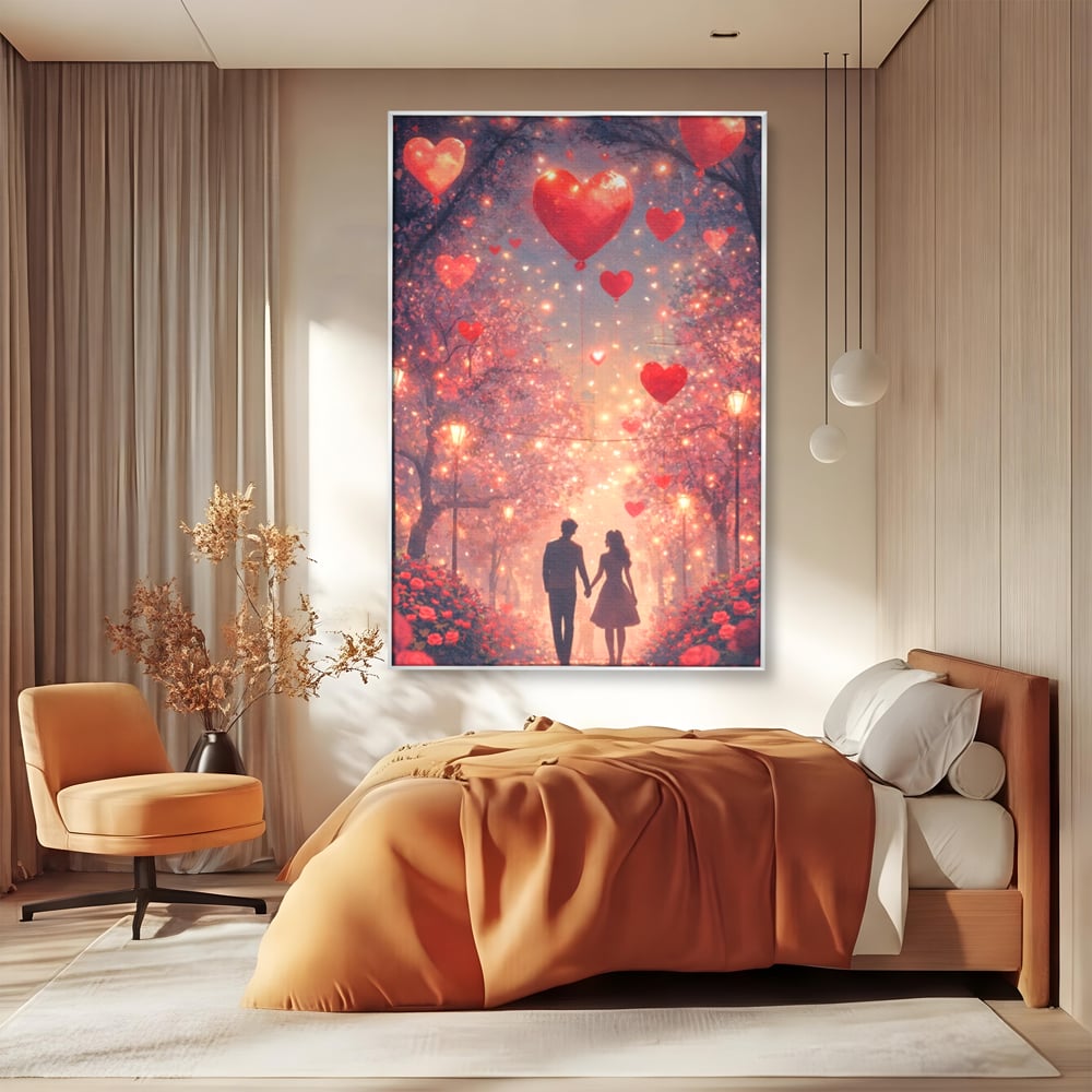 Tablou canvas cu ilustratie cu un cuplu pe alee, in rama de aluminiu argintiu, pe perete intr-un dormitor