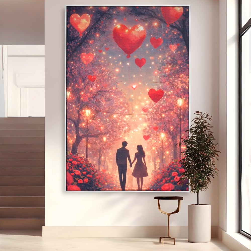 Tablou canvas cu ilustratie cu un cuplu pe alee, in rama de aluminiu argintiu