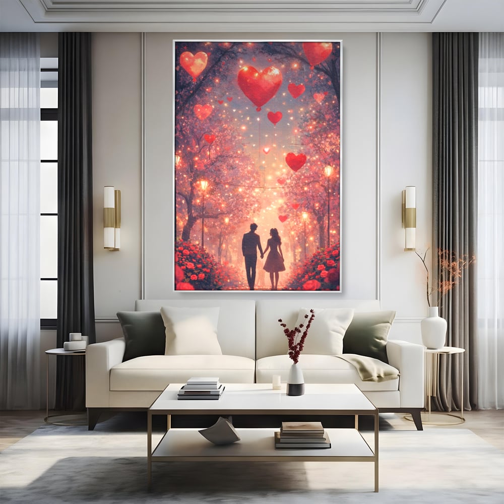 Tablou canvas cu ilustratie cu un cuplu pe alee, in rama de aluminiu argintiu, pe perete intr-un living