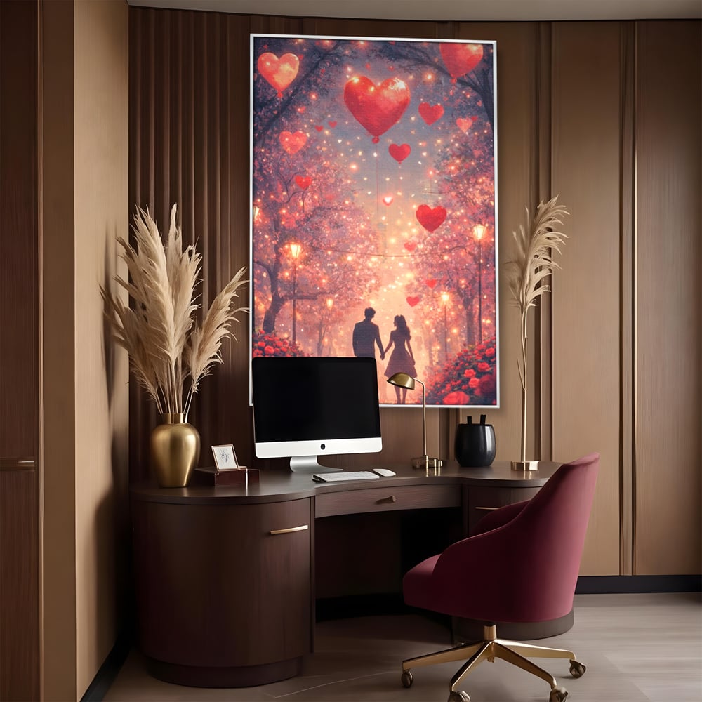 Tablou canvas cu ilustratie cu un cuplu pe alee, in rama de aluminiu argintiu, pe perete intr-un birou