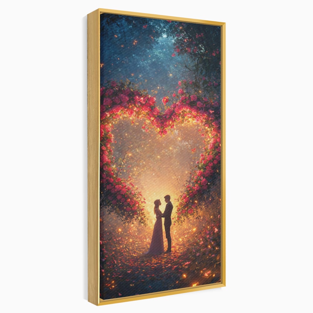 Tablou canvas cu ilustratie digitala cu cuplu si arc de trandafiri, in rama de aluminiu auriu