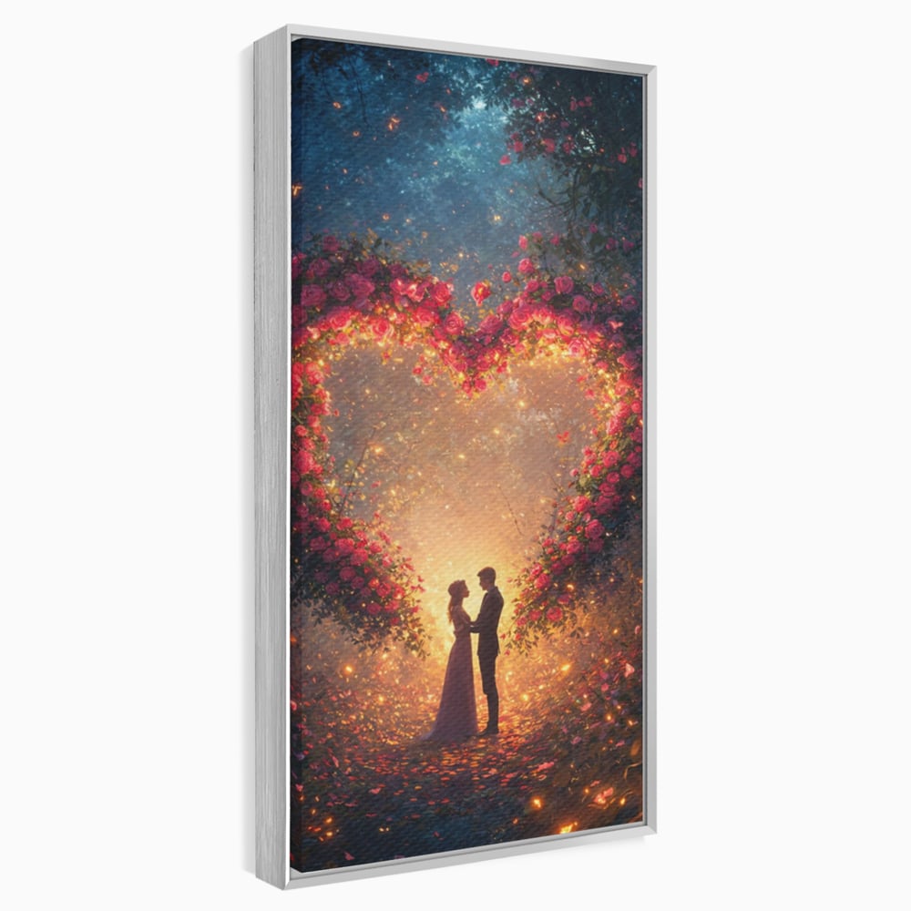 Tablou canvas cu ilustratie digitala cu cuplu si arc de trandafiri, in rama de aluminiu argintiu