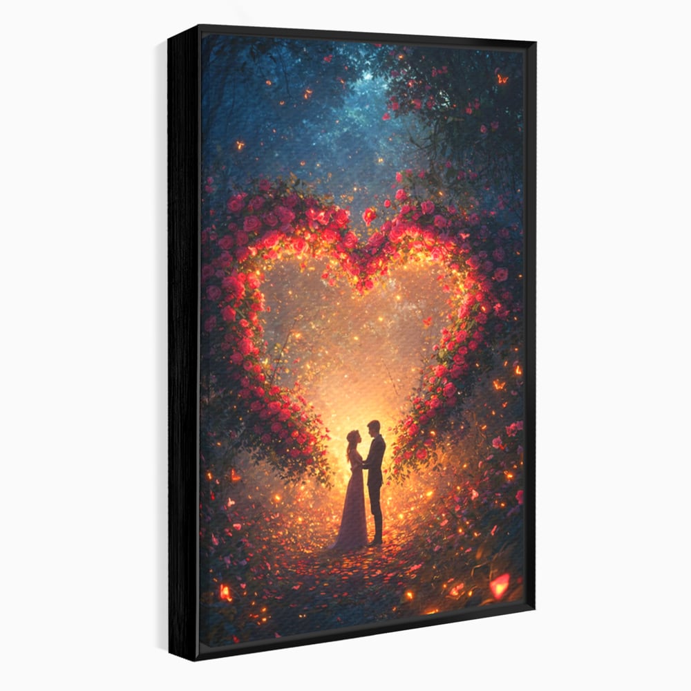 Tablou canvas cu ilustratie digitala cu cuplu si arc de trandafiri, in rama de aluminiu negru