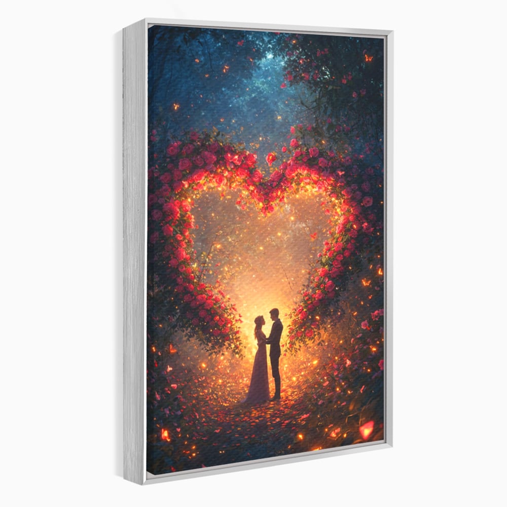 Tablou canvas cu ilustratie digitala cu cuplu si arc de trandafiri, in rama de aluminiu argintiu