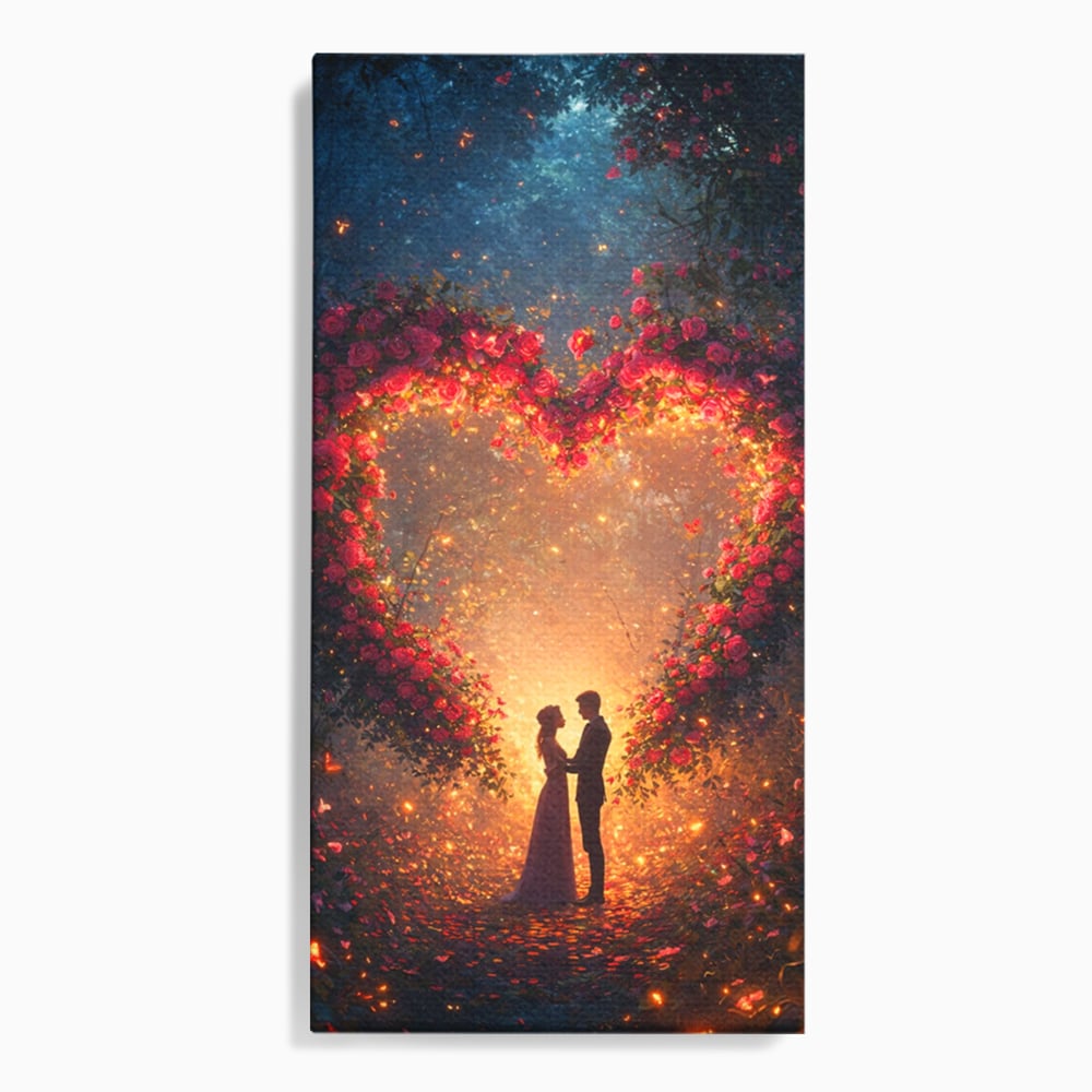 Tablou canvas cu ilustratie digitala cu cuplu si arc de trandafiri, fara rama, pe sasiu de lemn