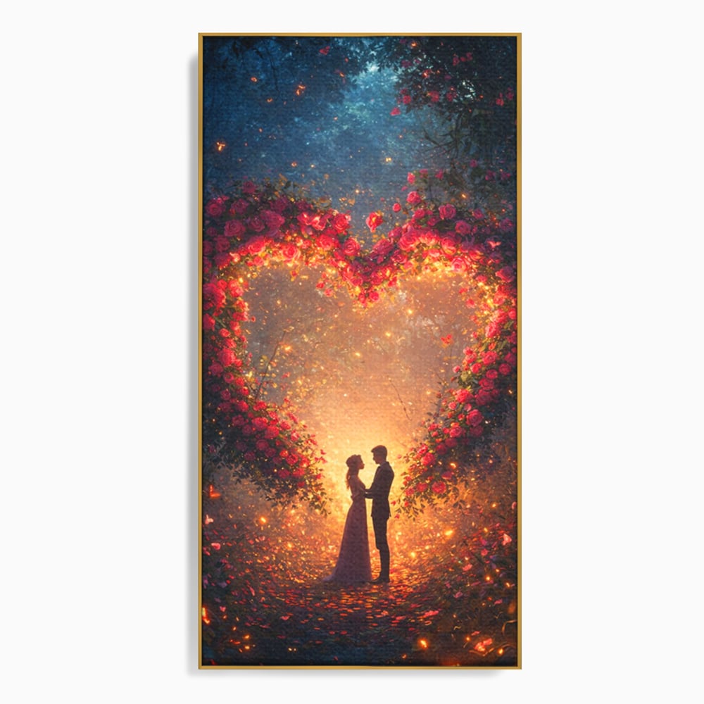 Tablou canvas cu ilustratie digitala cu cuplu si arc de trandafiri, in rama de aluminiu auriu
