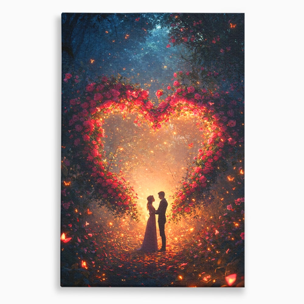 Tablou canvas cu ilustratie digitala cu cuplu si arc de trandafiri, fara rama, pe sasiu de lemn