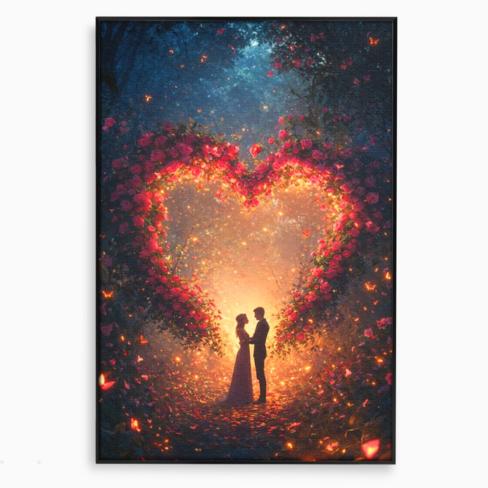 Tablou canvas cu ilustratie digitala cu cuplu si arc de trandafiri, in rama de aluminiu negru