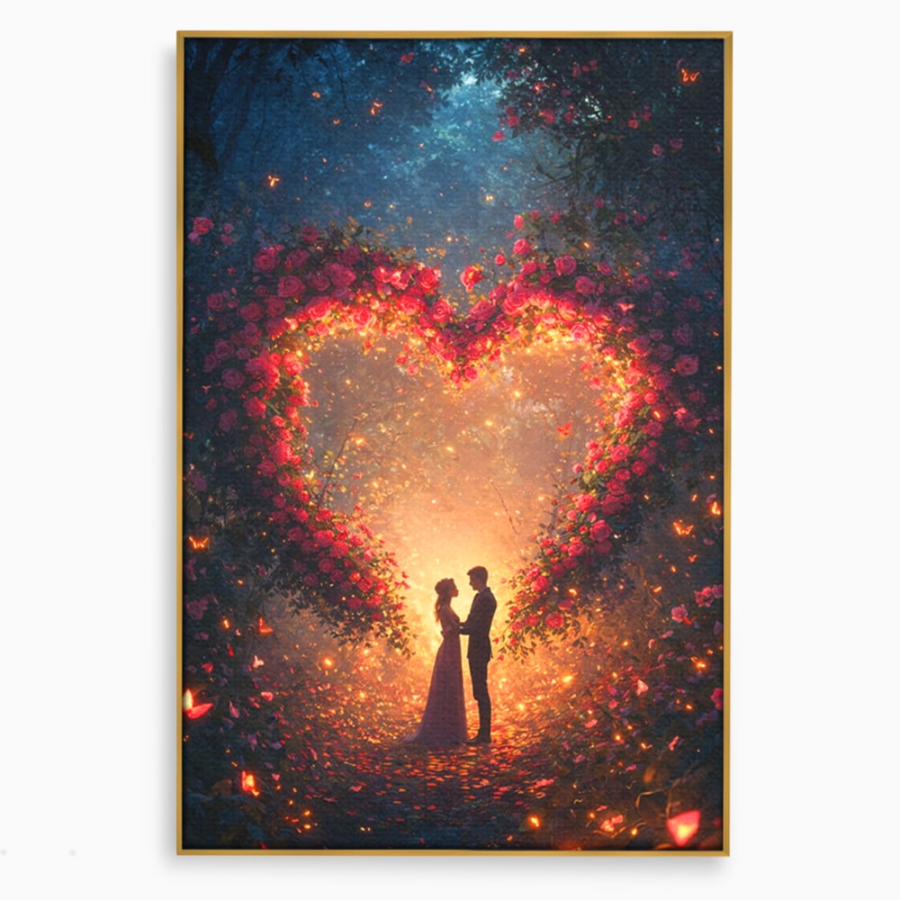 Tablou canvas cu ilustratie digitala cu cuplu si arc de trandafiri, in rama de aluminiu auriu