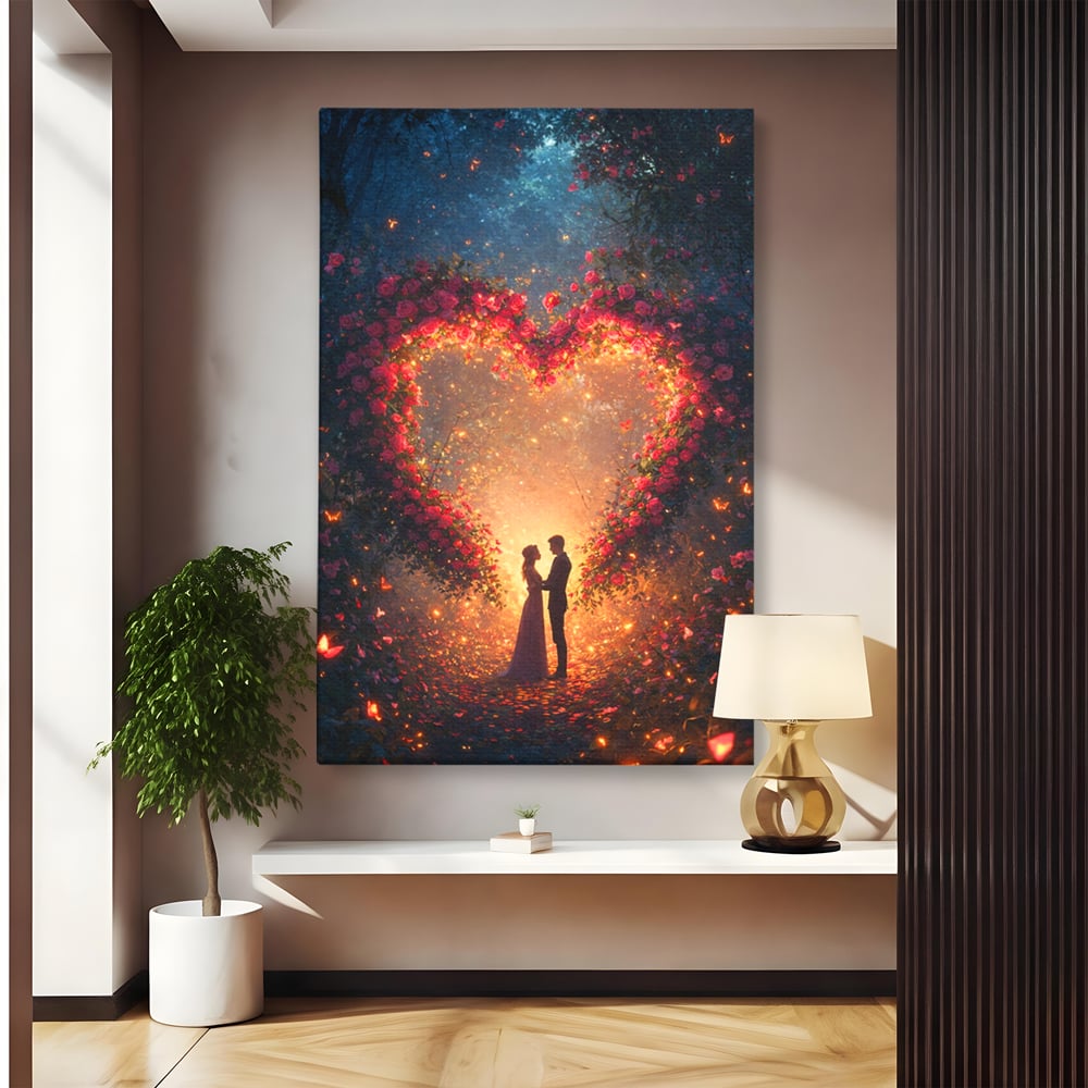 Tablou canvas cu ilustratie digitala cu cuplu si arc de trandafiri, fara rama, pe sasiu de lemn