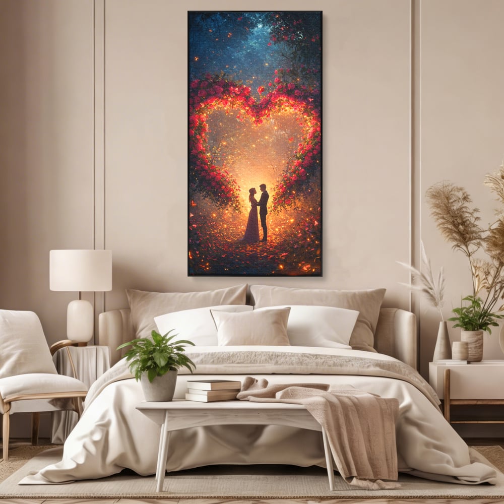 Tablou canvas cu ilustratie digitala cu cuplu si arc de trandafiri, in rama de aluminiu negru, pe perete intr-un dormitor