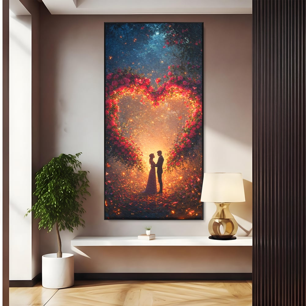 Tablou canvas cu ilustratie digitala cu cuplu si arc de trandafiri, in rama de aluminiu negru